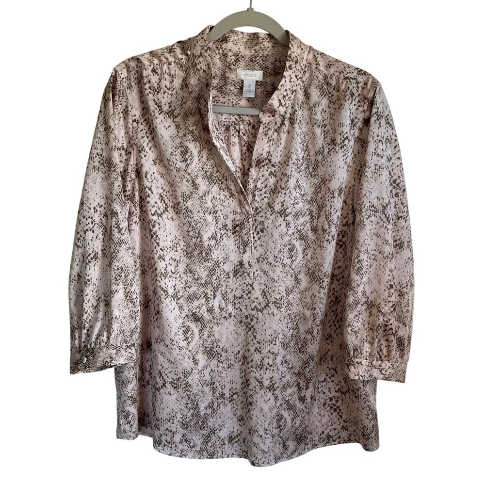 Chico’s Blouse Top Sz L Split Neck 3/4 Sleeves Snakeskin Print Pink Brown Career